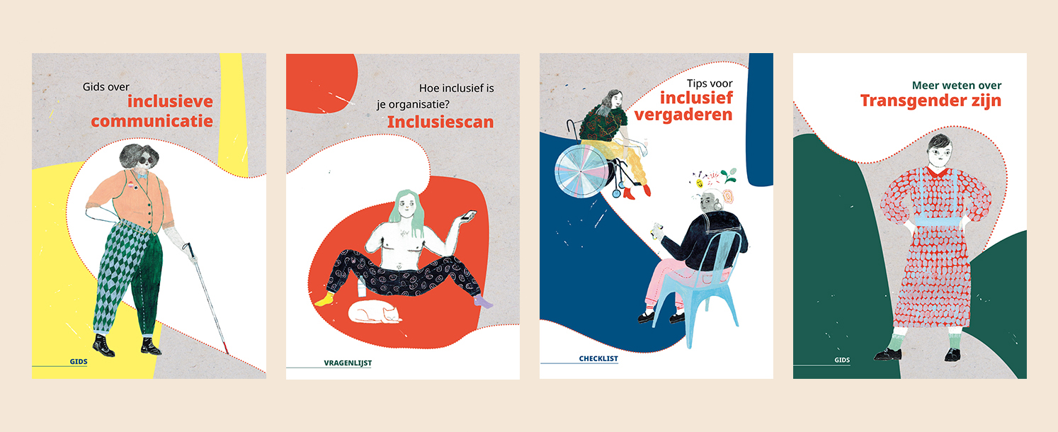 Covers van de vier brochures van verschillende thema's over inclusiviteit voor LGBTI+ personen met een handicap